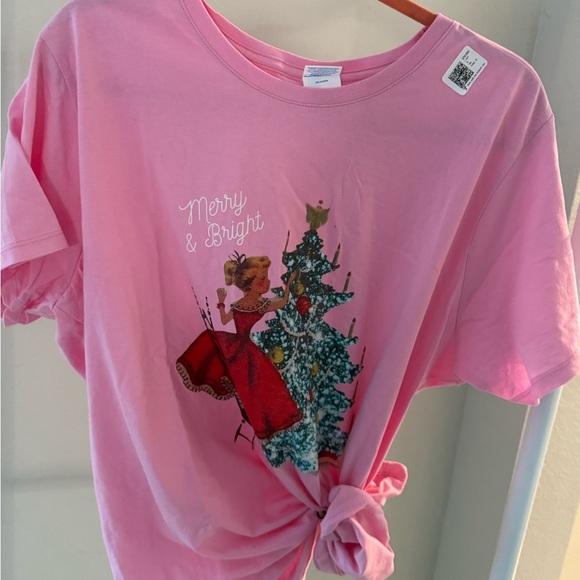 Tops - Pink Merry & Bright Christmas vintage Graphic Tee Womens Holiday Cute Casual Top